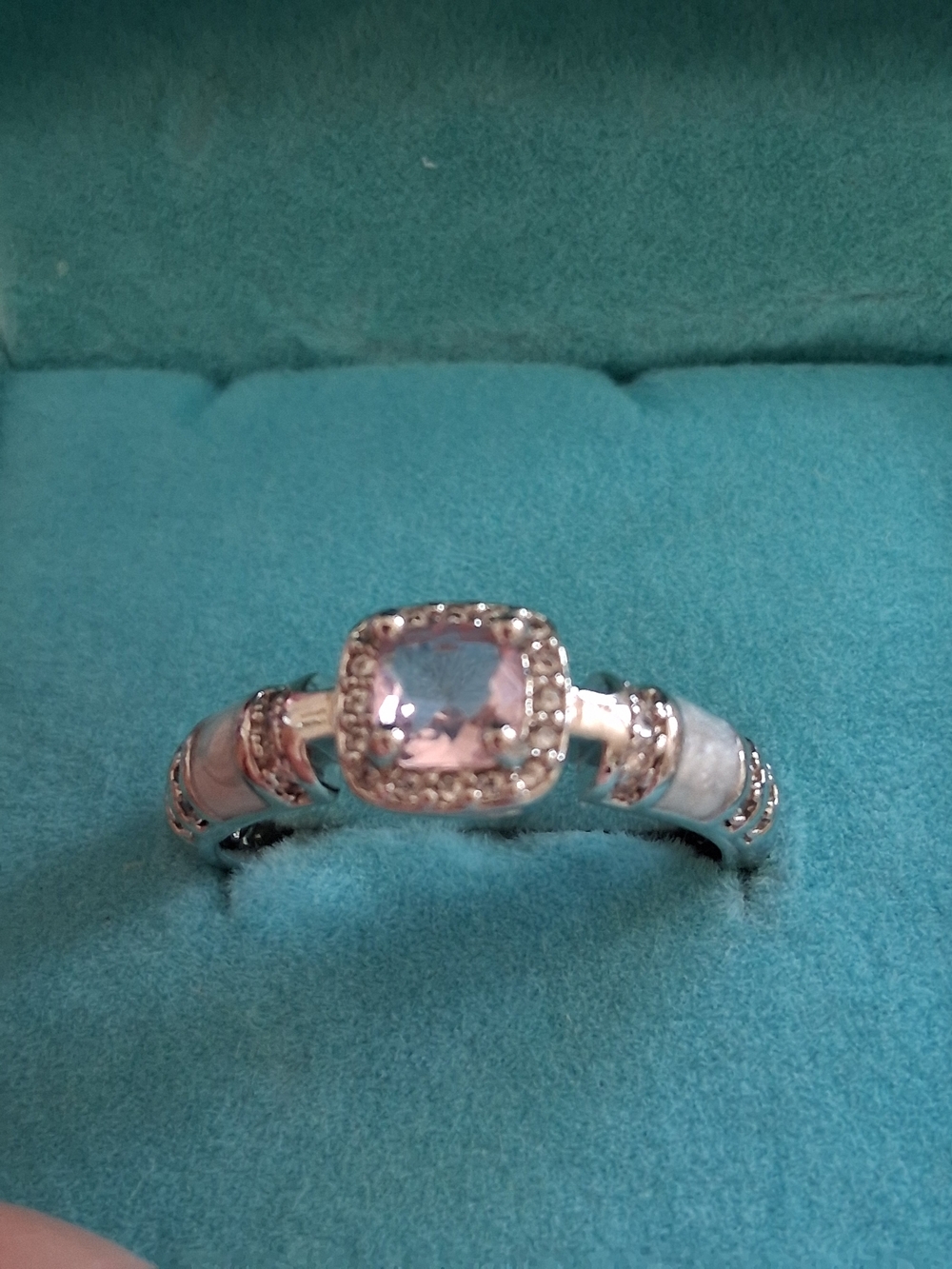 Source Unknown Silver Ring with Light Pink Cushion Center and Halo